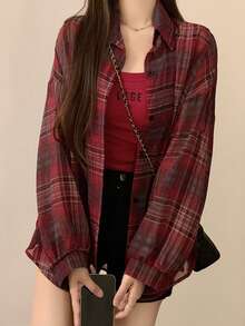 2025夏季新款格子衬衫女休闲宽松上衣上衣 - 紅色 - 查看 4
