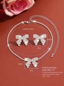 3 PiecesSet Of Fashionable European And American Crystal Bowknot Earrings And Necklaces, Suitable For Weddings, Banquets, Everyday Wear, Parties, And Holiday Gifts