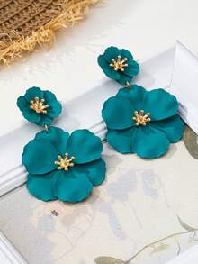 1 Cặp bông tai thời trang mới sơn kim loại hoa tối giản thanh lịch dành cho nữ, bông tai dạng lủng lẳng hoa lãng mạn, bông tai hoa sáng tạo dành cho nữ - màu xanh lá - Xem 2