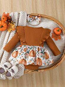 2-Piece Set Of Halloween Pit Stripe Texture Baby Girl Bow Ruffled Long Sleeved Jumpsuit With Pumpkin Print Skirt And Bow Headband - 卡其色 - 查看 2