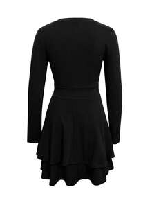 Women's Elegant Long Sleeve V-Neck Cake Dress - Fitted Waist Design, Fashionable Solid Color Autumn Outfit, Perfect For Parties And Special Occasions, Women's Valentine's Day Dress, Graceful Ladies Apparel - Black - View 6