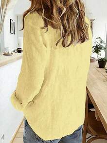 Solid Button-Down Shirt, Elegant Long Sleeve Collared Shirt - Yellow - View 2