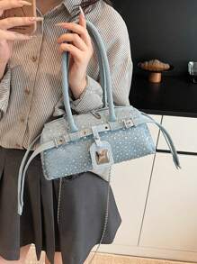 1pc Fashion Solid Color Summer Denim Commuter Tote Bag, Casual Stylish Shoulder/Underarm Bag For Daily/Shopping