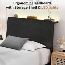 Twin/ Full/ Queen Bed Frame With LED Lights, Metal Bed Frame With Wooden Headboard & Storage Shelf, Under Bed Storage, No Box Spring Required, Easy Assemble, Black/ Black & Grey/ White & Brown - 黑色 - 查看 2