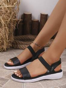 New Women's Thick Sole Platform Wedge Slip-On Sandals, Casual Black Elastic Band, For Travel & Home - Black - View 5