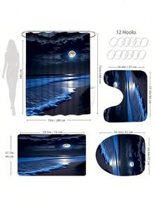 [1/4 Piece Modern Ocean Shower Curtain Set] 1/4 Piece Modern Artistic Home Decor Ocean, Beach, Moon Print Shower Curtain Set, All-In-One Bathroom Decoration, Including Waterproof Shower Curtain With Hooks, Non-Slip Mat, Toilet Seat Cover, U-Shaped Rug, Bathtub Divider, Bathroom Accessories, Household Essentials - Blue - View 7