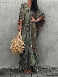 Vestido de playa efecto tie-dye para mujer para resort y vacaciones - Verde militar - Ver 5