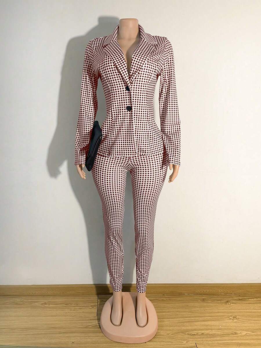 Two-Piece Plaid Print Blazer And Pants Set - Soft Micro Elastic PolyesterKnit Fabric, Geometric Pattern, Random Printing, Casual Style For AllSeasons -Long Sleeve, Button Front, No Sheer - Multicolor - View 1