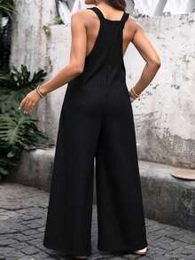 Overall mujer pantalon largo corte pierna ancha tirantes ajustables bolsillos costados algodon sueter rib suave casual vintage holgado comodo relajado versatil juvenil streetwear urbano moderno - Negro - Ver 3