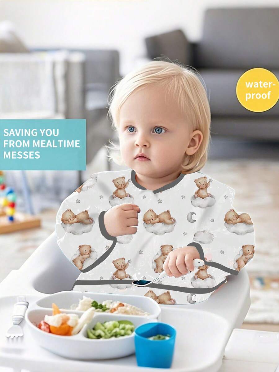 1件长袖围兜，婴儿幼儿防水带袖围兜，适合6-36个月宝宝，可重复使用，带接物口袋（云熊、长颈鹿、熊头图案） - 彩色 - 查看 1