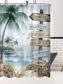 1pc - Polyester - Tropical Beach Palm Tree Shower Curtain Blue Ocean Quote Coast Sunset Scenery Inspirational Vintage Art Waterproof Shower Decor Accessory With 12 Plastic Hooks