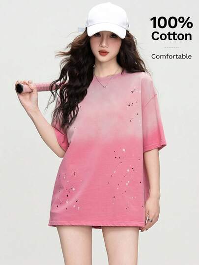 JUTU 水洗渐变黑白波点短袖中长款纯棉T恤，女士夏季上衣