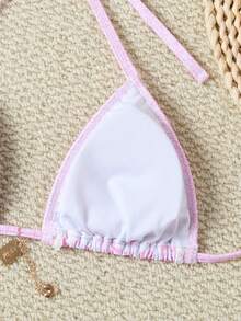 欧美风蓝色碎花比基尼套装纯色度假沙滩分体泳衣时尚印花金属装饰性感音乐节夜店泳衣 - 粉色 - 查看 4