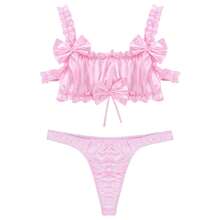 UK Men's Satin Lingerie Bowknot Bra With Ruffled Panties Crossdresser Underwear   UK - Pink #3 - View 11