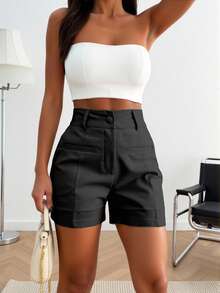 Sily Moda Women's Shorts In Viscose Linen With Fake Lapena Pocket, Minimalist Elegance / Has Lining - Black - View 1