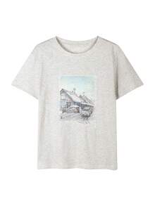 100% Cotton Ladies' T-Shirt, Short Sleeves, Japanese-Style Illustration, Summer New Arrival, Simple And Stylish, House Scene On A Light Gray Background, Casual, Crew Neck - 淺灰色 - 查看 2