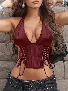 Apperloth A Top corto de fiesta con escote en V, espalda descubierta, ajustado, de piel sintética PU, con abertura, remaches y cordones, estilo Punk Y2K, para fiestas, clubes nocturnos y festivales de música - Burdeos - Ver 5