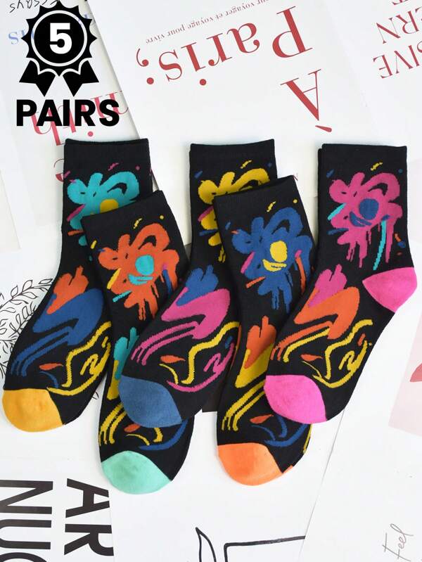 5 Pares Meias Florais de Padrão Colorido Aleatório até a Metade da Panturrilha para Mulheres, Meias Versáteis e Estilosas Adequadas para Uso Casual, Interno, Externo, Esportes