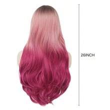 LOmbre Pink Long Wig With Bangs Dark Root Curly Wavy Wigs Synthetic Heat Resistant Fiber Hair Wig For Cosplay Halloween Use Dark Pink 5001 - 粉紅捲髮 - 查看 5