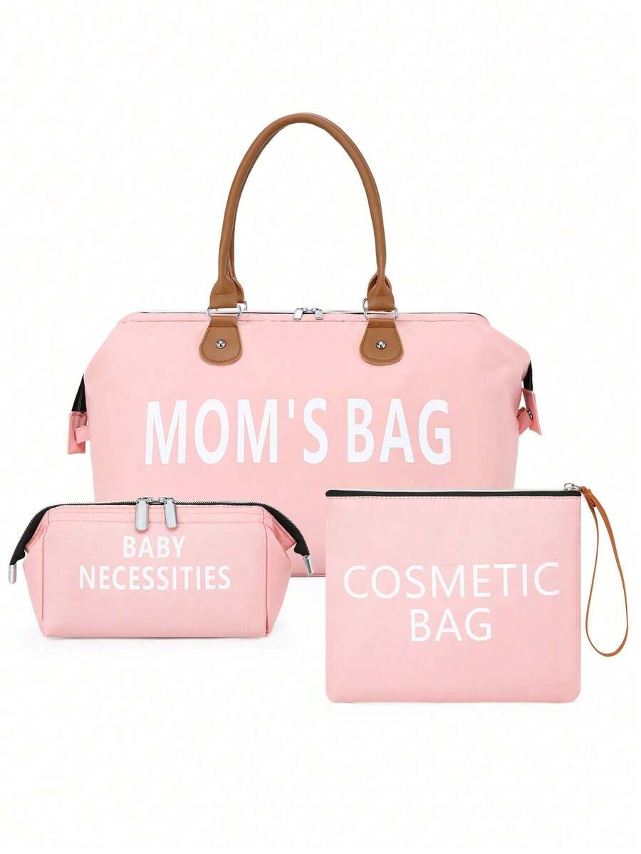 3pcs Tote Handbag With Shoulder Strap, Wet & Dry Separation Bottle Compartment, Travel Diaper Bag For Moms - Baby Pink - View 1