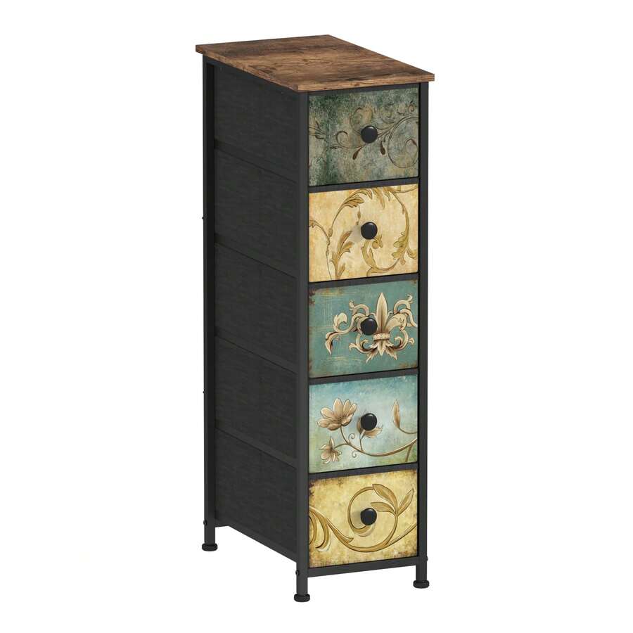 Slim Storage Dresser With Floral Fabric Drawers, Vertical Skinny Cabinet For Small Spaces, Bathroom, Bedroom, Entryway Organizer, 5 Drawers - 彩色 - 查看 1