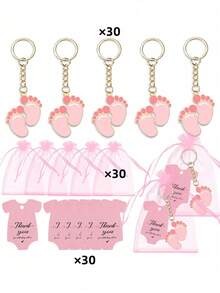 30pcs/10sets 10/20/30 Sets Baby Shower Favors With Design Key Chains With White Organza Bags And Thank You Tags Boys And Girls Baby Shower Party Favor Holiday Essentials Suitable For Shower Party Favors Birthdays And Event Decorations