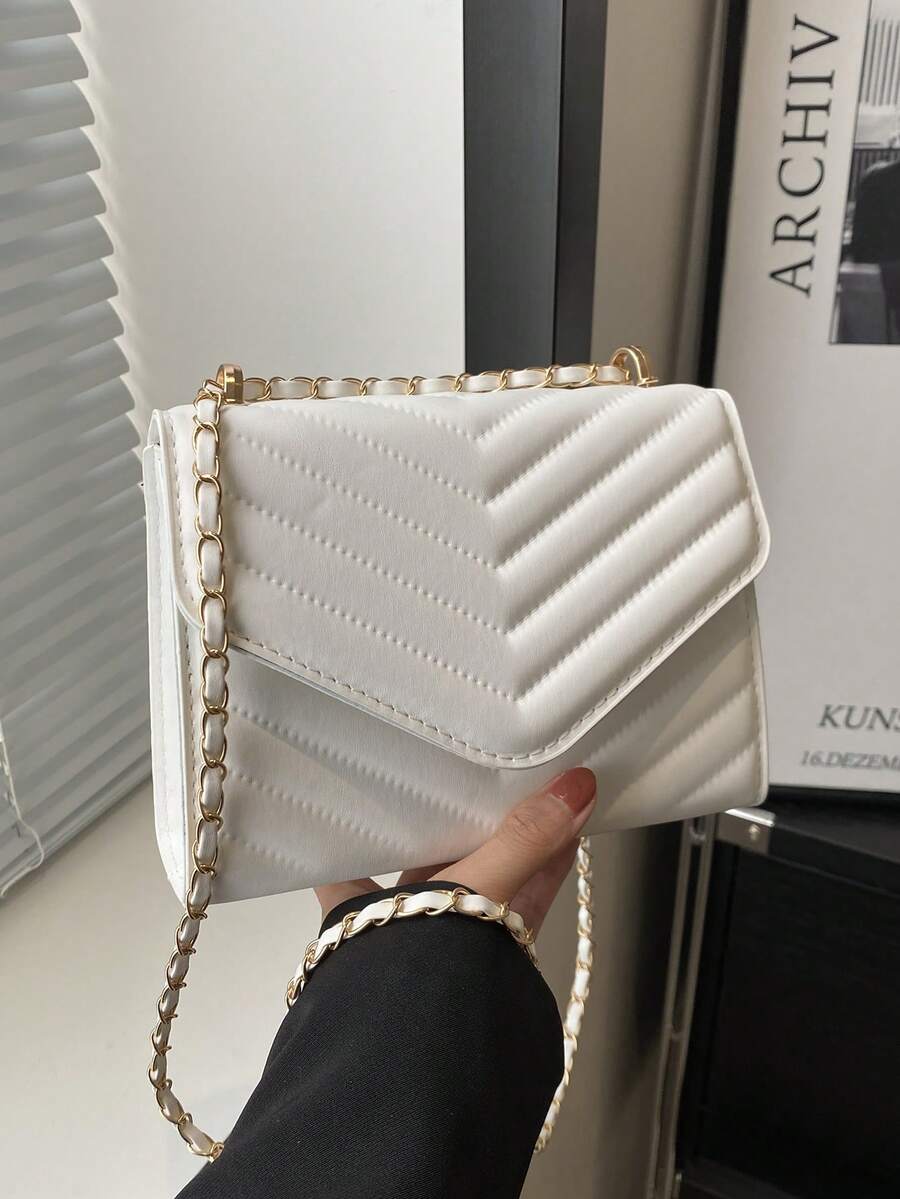 Túi đeo vai vuông Metal V Decor, Túi đeo vai dạ hội có nắp xích chần bông có dây xích có thể tháo rời, Túi xách & ví da PU màu trơn mới, Túi đeo chéo nhẹ khi đi làm, Túi mua sắm đi làm, Túi đeo chéo đựng điện thoại xu thông thường - trắng - Xem 1