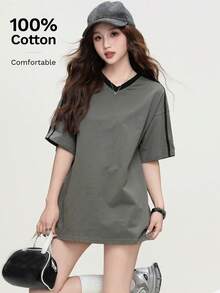 Women's Fashion Loose Fit Raglan Sleeve Striped T-Shirt - 634 Ash and Black - View 2
