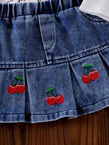 2 pièces/set Top t-shirt à manches courtes imprimé cerises pour bébé fille et jupe en jean plissée avec broderie de cerises - Blanc - Voir 7