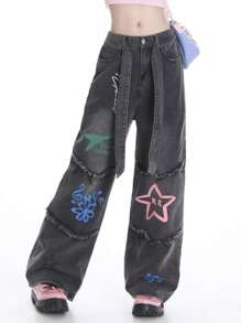 Jupkem Cute Low Rise Y2k Jeans Women Straight Leg Goth Star Graphic Wide Leg Kawaii Pants Y2k Aesthetic Baggy Jeans Korean Streetwear