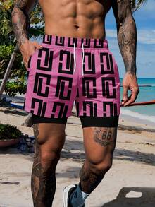 男士双层时尚印花休闲运动沙滩短裤