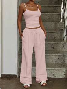 极简主义吊带背心和阔腿裤套装，无袖，纯色，修身款 - 珊瑚粉 - 查看 3