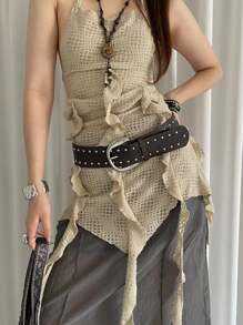 1pc Women's Coffee-Color Wide PU Leather Vintage Boho Rivet Belt