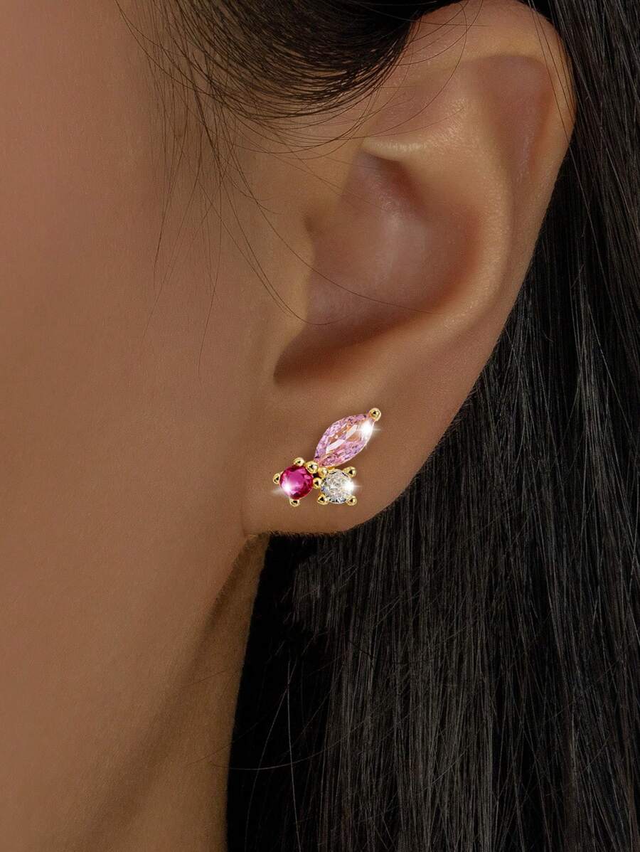 1 Pair Elegant Geometric 925 Silver Plated Cubic Zirconia Stud Earrings, Suitable For Women Daily, Dating, Party Matching, A Gift