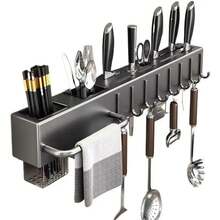 Estante de cocina sin herramientas, accesorios de cocina, tubo de palillos multifuncional montado en la pared, almacenamiento para cuchillos y herramientas - Gris 40cm - Ver 11