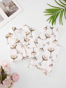 Conjunto de pijama y ropa casual: Blusa abotonada con cuello en V y estampado de copa de vino tinto, y pantalón largo, ropa de otoño e invierno - Blanco - Ver 8