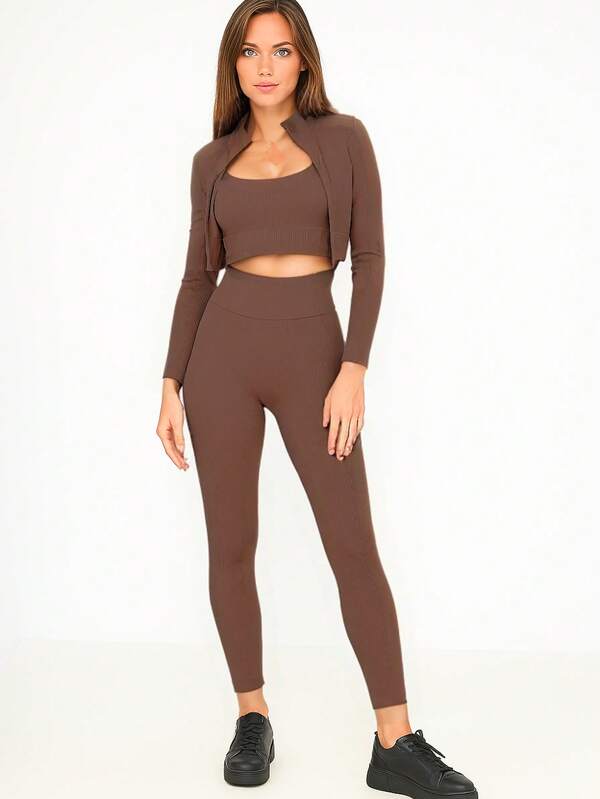 CHERRY KOKO 3 Stücke Damen Elastisch Geripptes Strick-Outfit: Stehkragen Langarm Oberteil, Hochtaillierte anliegende Kurz-Strickjacke mit Schichtdesign, Knöchellang, Sportbekleidung für Yoga, Gym, Alltagstragen, Frühling & Herbst