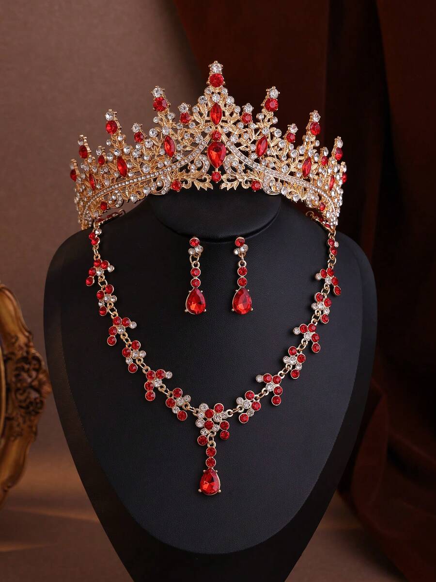 4pcs Elegant Baroque Rhinestone Crown Necklace And Earrings Set, Suitable For Wedding And Occasions Tiaras - Đỏ - Xem 1