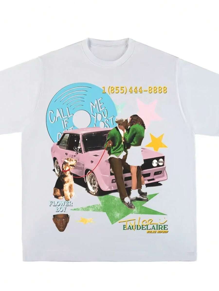 RULEE Rap Tyler Creator Retro Summer Hip Hop T-Shirt Fashion TrendSS Cosy Loose Cotton Short Sleeve T-Shirt For Men And Women White 100% Cotton - White - View 1