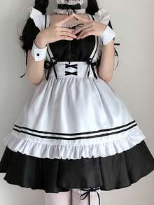 奇迹暖暖系带蝴蝶结女仆装套装，可爱女仆装洛丽塔角色扮演服装，适合情人节情侣装、化装舞会、音乐节、派对、俱乐部舞台表演 - 彩色 - 查看 3