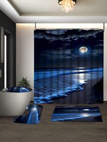 [1/4 Piece Modern Ocean Shower Curtain Set] 1/4 Piece Modern Artistic Home Decor Ocean, Beach, Moon Print Shower Curtain Set, All-In-One Bathroom Decoration, Including Waterproof Shower Curtain With Hooks, Non-Slip Mat, Toilet Seat Cover, U-Shaped Rug, Bathtub Divider, Bathroom Accessories, Household Essentials - Blue - View 6