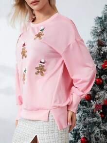 Women's Cute Santa Christmas Sweatshirts Funny Graphic Lightweight Sequin Long Sleeve Pullover Hoodies - Baby Pink - View 7