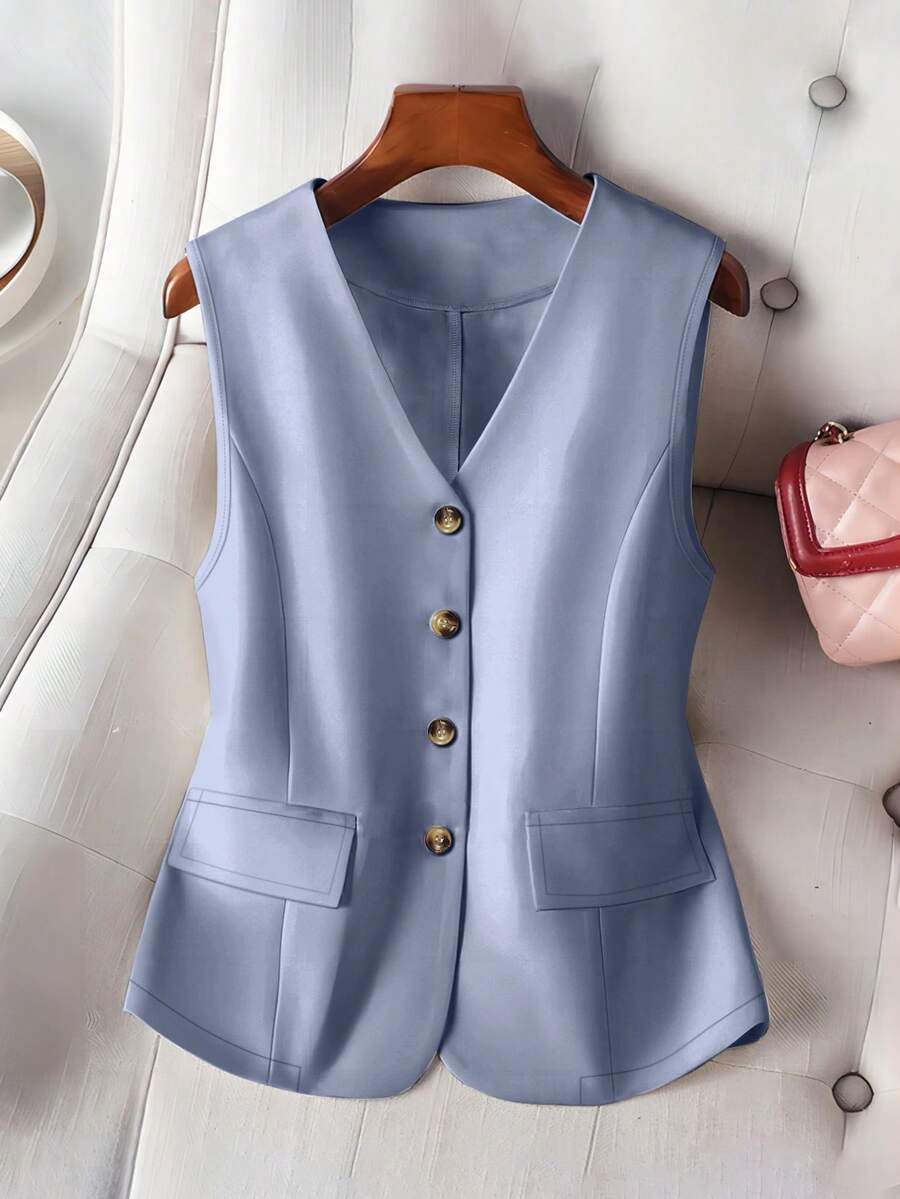 Women's Casual Lightweight Single Breasted Sleeveless Blazer, Spring & Summer Office Wear - Blue - View 1