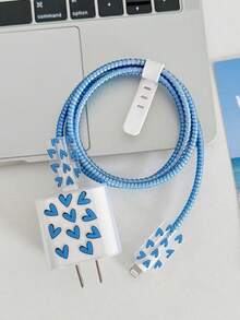 5 件蓝色心形设计 20W/18W 手机充电器套装，包含充电线、保护套和适配器外壳，适用于 11 12 13 14 15 16 17 - 藍色 - 查看 3