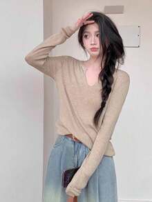 Women V-Neck Long Sleeve Slim Fit Knit Sweater For Fall/Winter, Simple Casual,Suitable For Daily, Commuting, Long Sleeve Tops - Milk Tea Color - View 4