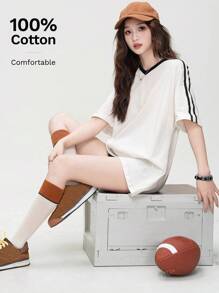 Fashionable Women Loose Casual T-Shirt With Raglan Sleeve And Striped Trim