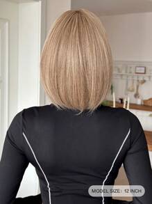 NICKY WALL 12 Inch Women's Basics Bob Wig With Bangs ,Highlight Brown Mixed Beige Short Straight Hair Synthetic Wig Heat Resistant Fiber For Daily Party Use