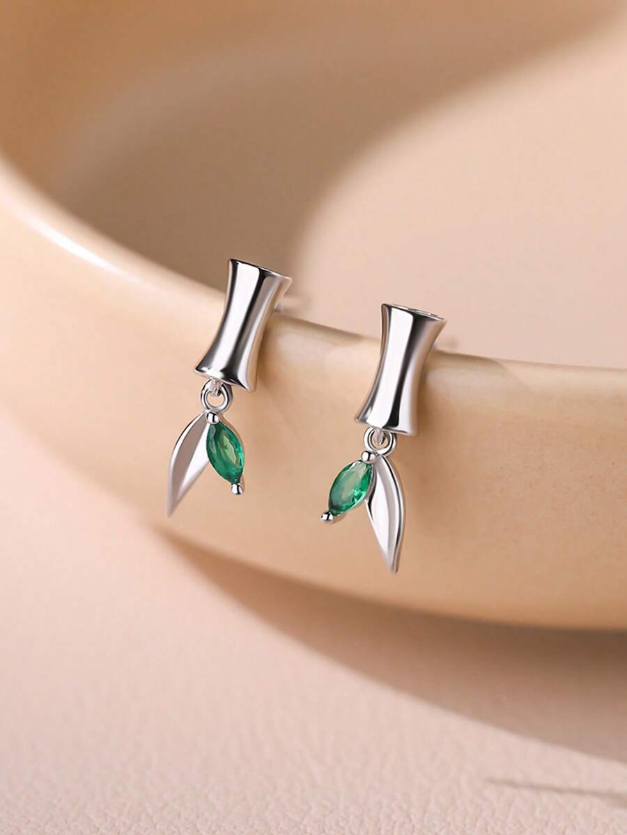 S925 纯银中国风绿叶竹流苏耳环，个性化叶形耳环适合女性，日常佩戴，适合母亲节、情人节礼物 - 綠葉竹節耳環 - 查看 1
