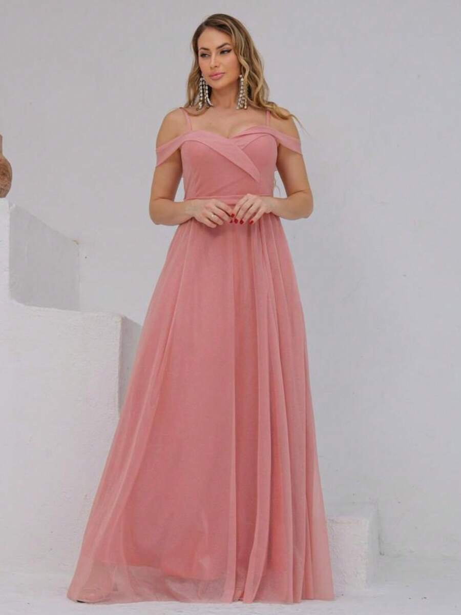Long Off-The-Shoulder Party Dress With Sparkle For Bridesmaid, Wedding, Princess Graduation - Màu hồng gỉ - Xem 1