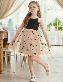 2025Toddler Girls Tulle Dress Rainbow Tutu Birthday Princess Dresses Formal Photo Shoot Outfit Summer Clothes 2-6T'Sprout Style' - 黑色 - 星星薄紗 - 查看 2